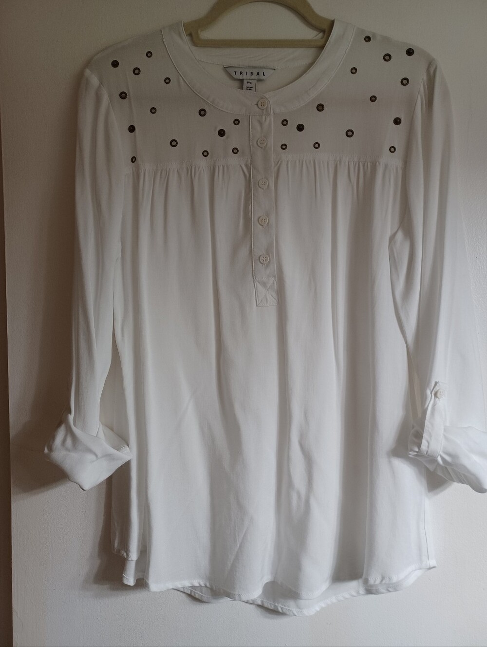 Tribal White Long-Sleeve Henley with Metallic Stud Yoke